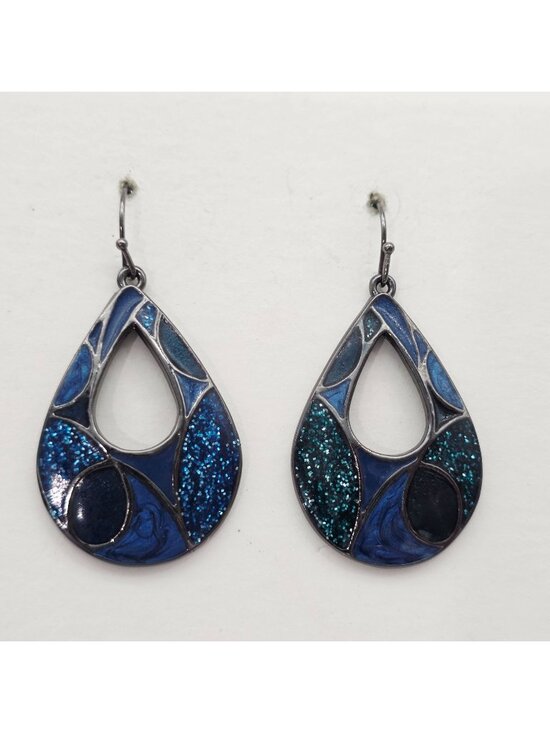 Unbranded Jewelry - Teardrop Dangle Earrings With Blue & Green Enamel Glitter Mosaic Design